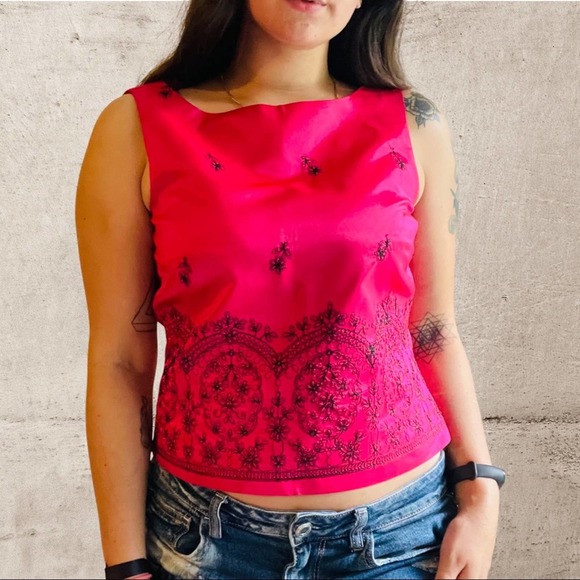 Vintage 90s hot pink sateen embroidered 1990s sleeveless blouse Size 12 - Picture 1 of 10